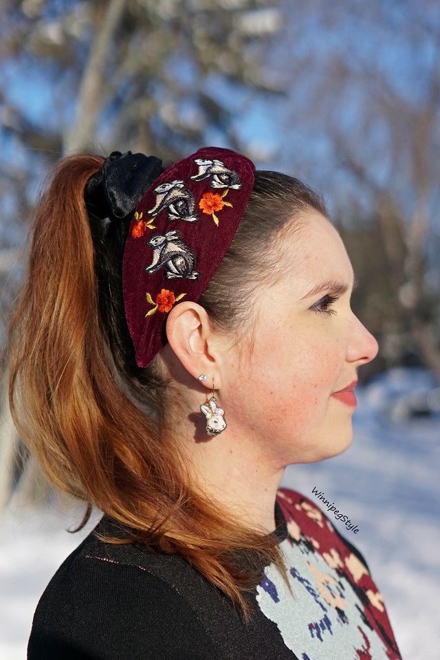 Winnipeg Style, NamJosh wine burgundy velvet embroidered bunny rabbit headband, Canadian women